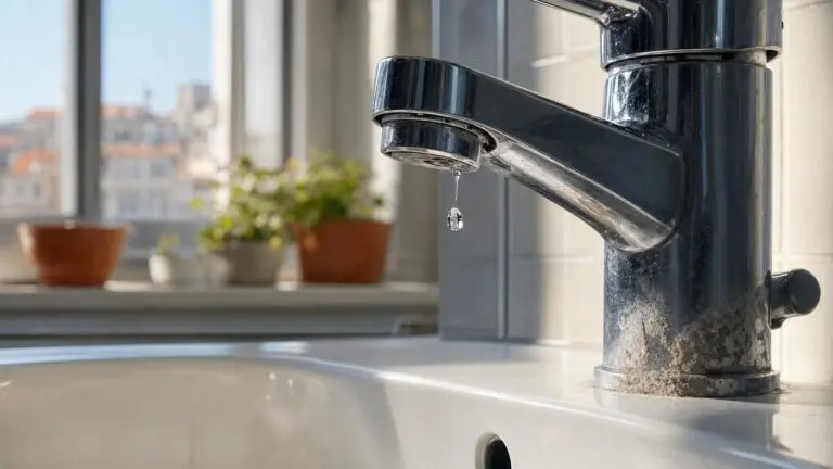 Robinet qui fuit avec une goutte d'eau suspendue, montrant des signes d'usure et de calcaire.