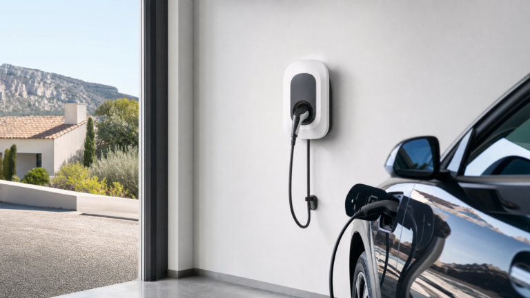 Borne de recharge wallbox installée dans un garage résidentiel à Marseille par PC Plomberie, électricien certifié IRVE